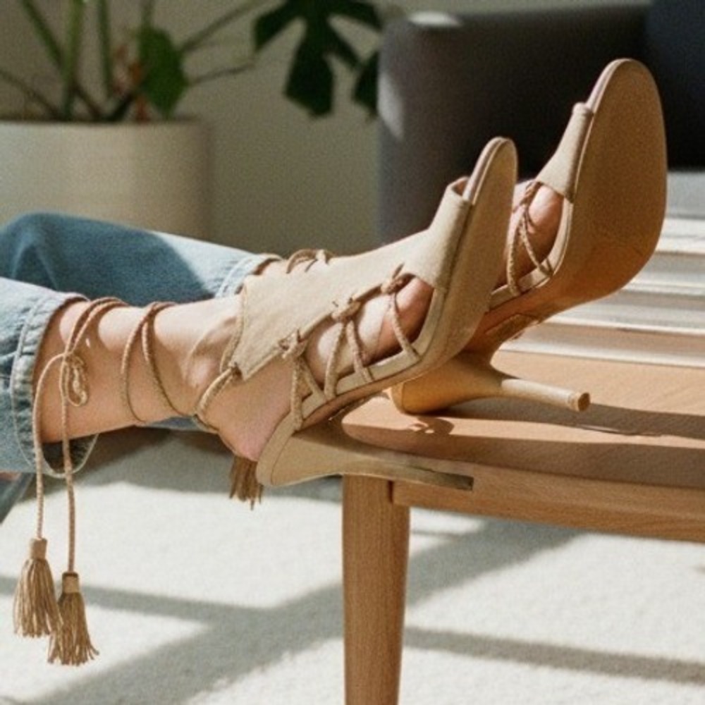 Aquazzura Firenze Lace Up Heels Tassel Suede Beige Sandals - Size 37.5